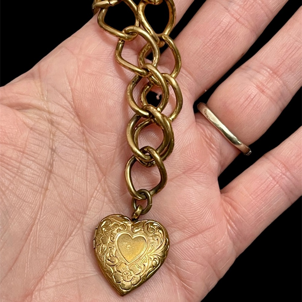Antique gold filled heart charm bracelet